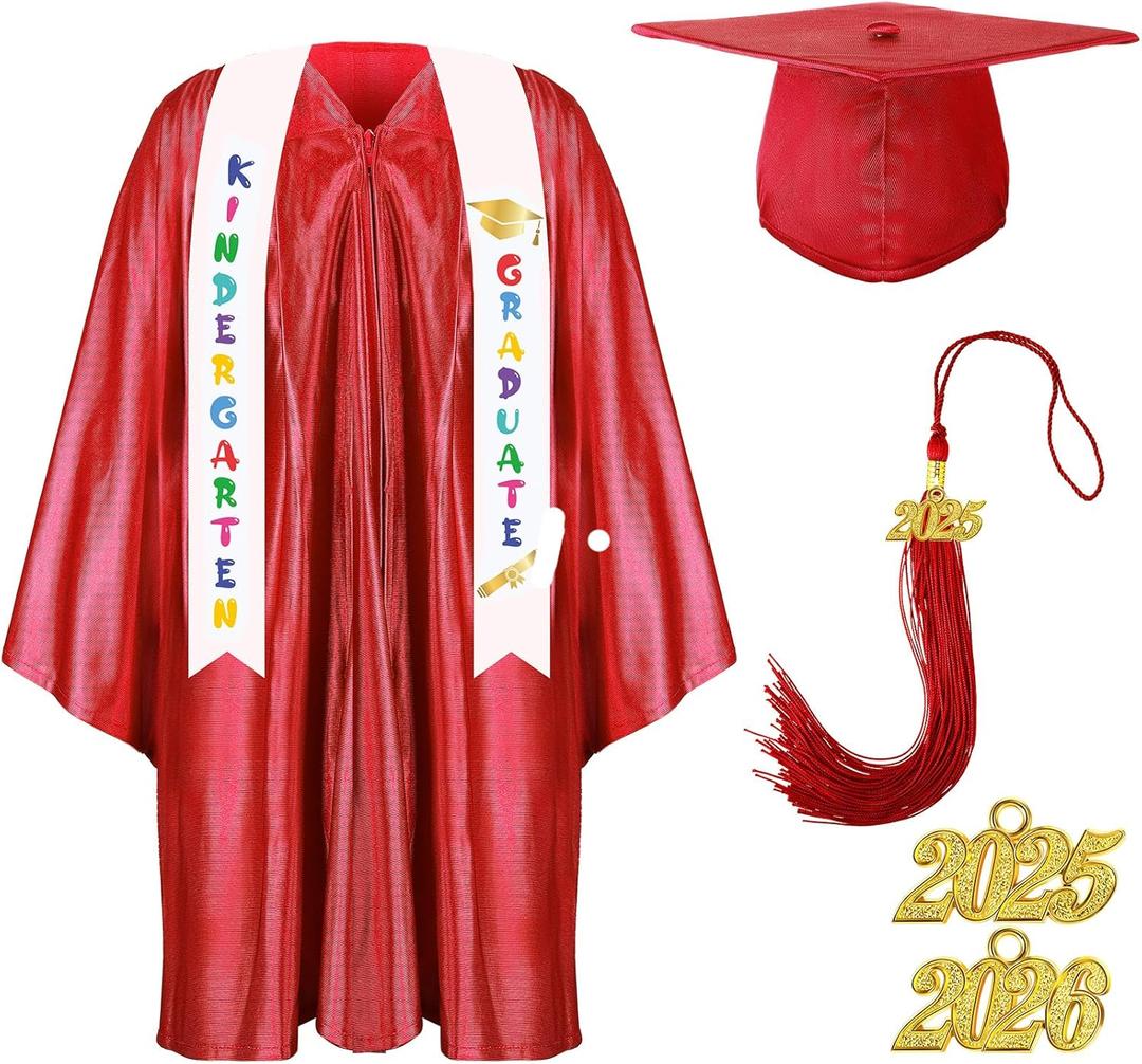 Foaincore 2025 Year Preschool and Kindergarten Graduation Gown Cap Tassel Set with 2025 Charm Printed Stole Grad Gift (27, Red)