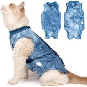 Cat Recovery Suit for Male and Female Surgical Post Surgery Soft Cone Onesie Tie Dye Cats Shirt Clothes Neuter Licking Protective Diapers Outfit Cover Kitten Spay Collar Alternative(Navy Blue, L)