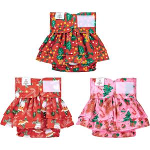 CuteBone Female Dog Diapers Christmas with Skirts 3 Pack Reusable Puppy Dresses Pants for Heat Cycle Period QBD15S