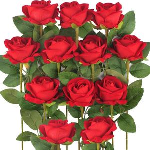 Jasion 12PCS Artificial Roses Realistic Velvet Silk Flowers Long Stem Faux Flowers Bouquet for Wedding Home Party Table Centerpieces Decorations (Red)