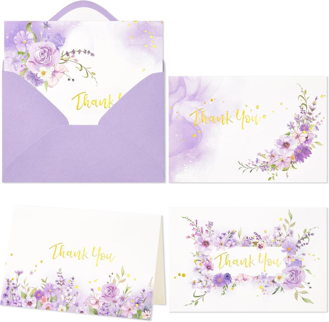 Crisky Thank You Cards 4 Assortment, Watercolor Painted Purple Florals (50 Cards with Envelopes for Birthday, Baby Shower, Bridal Shower, Wedding, All Occasion)