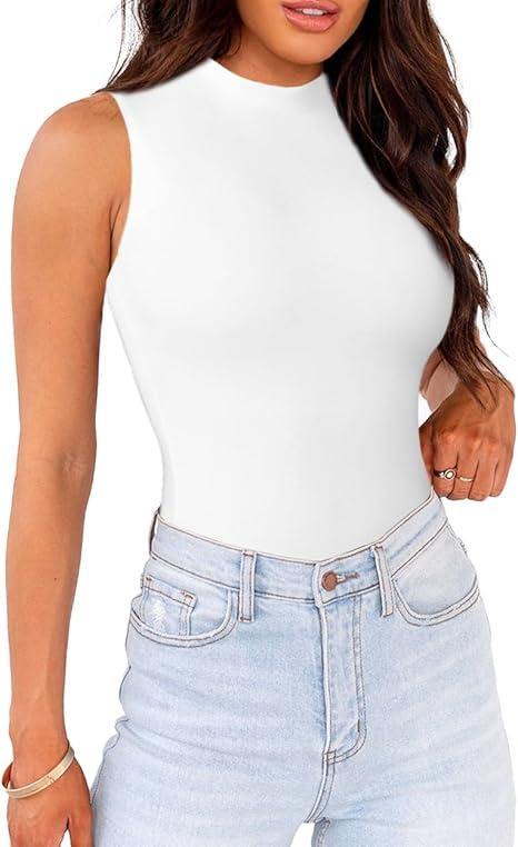 WAYMAKER Mock Neck Bodysuits for Women Sleeveless Basic Tank Top Body Suit Shirts(White, Small)