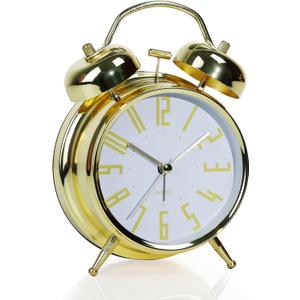 Super Loud Alarm Clock for Heavy Sleepers Adults,Twin Bell Retro 4 Inch Silent Non-Ticking Quartz with Backlight, Metal dial, Alarm Clocks for Bedrooms Bedside (Gold-White)
