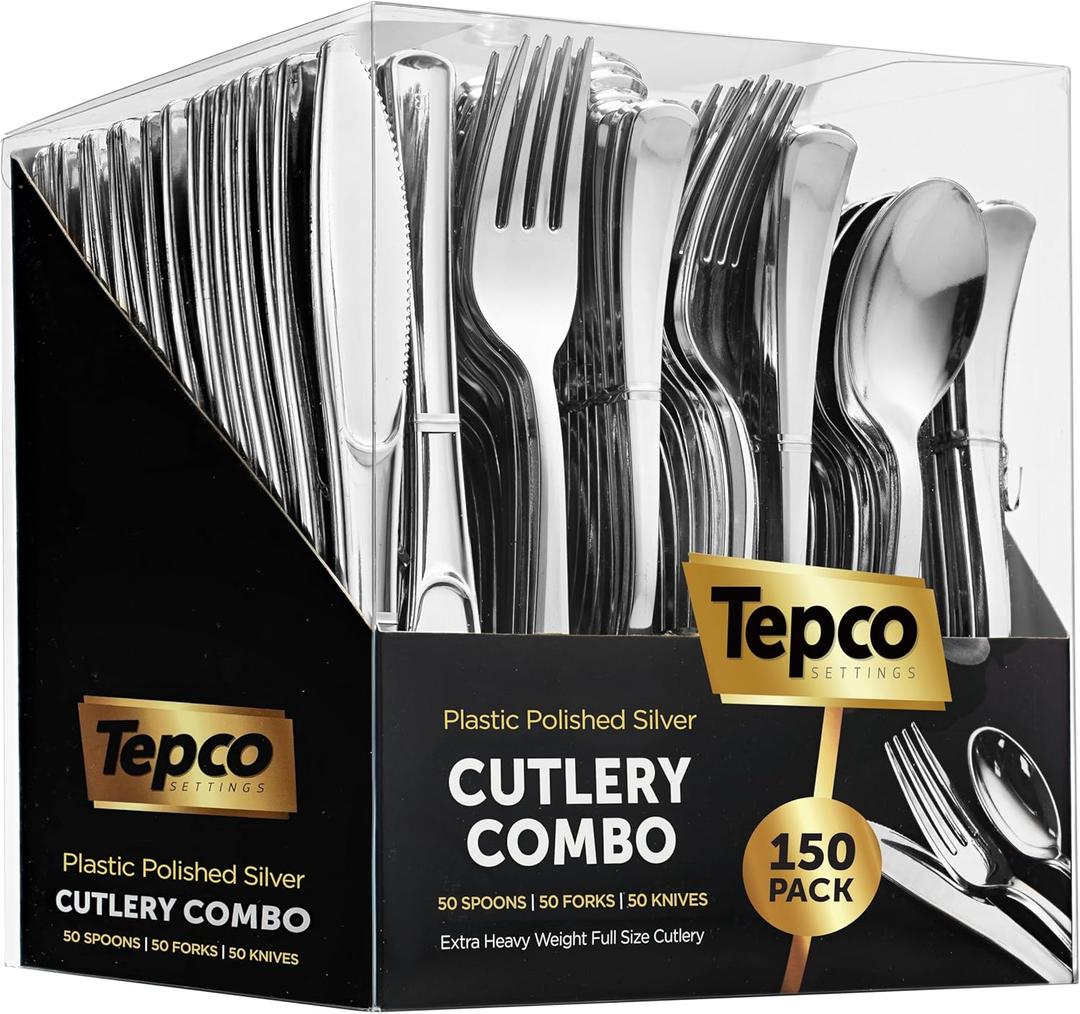 150 Silver Plastic Silverware Set - Disposable Flatware Cutlery - 50 Forks, 50 Spoons, 50 Knives - Heavy Duty Party Bulk