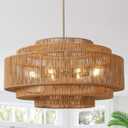31.5" Large Boho Chandelier, 8-Light Hand-Woven Coastal Rattan Chandelier, Farmhouse Vintage Light Fixture,5-Tier Drum Wicker Gold Chandeliers for Dining Room, Kitchen, Living Room, Foyer