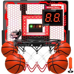 Indoor Basketball Hoop Pro for Kids, Over The Door Basketball Hoop with LED Light/Scoreboard/4 Balls- Upgraded Anti-Impact Backboard, Basketball Toys Gifts for 6 7 8 9 10 11 12 Year Old Boys (Red)