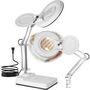 Gynnx Magnifying Glass with Light and Clamp,10X Lighted Magnifying Glass Lamp LED Dimmable,5 Inches Lens with Stainless Steel Arm for Reading,Craft,Painting and Close Work(White Cover)