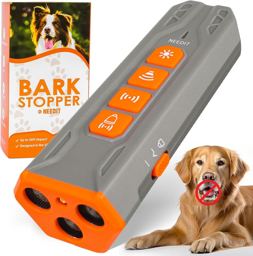 NEEDIT Dog Bark Deterrent Device to Stop Own or Neighbors Dog Barking, Biting & Fighting with Long Range  Rechargeable Ultrasonic Portable Anti Barking Device with 3X Sonic Emitters & Light (Gray)