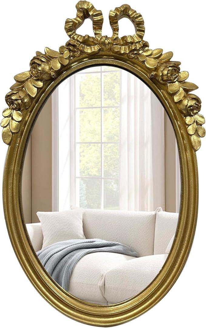 Vintage Vanity Makeup Desk Mirror, Antique Gold Bow Ellipse Table Mirror for Dressing Table, Bedroom, Bathroom, Tabletop