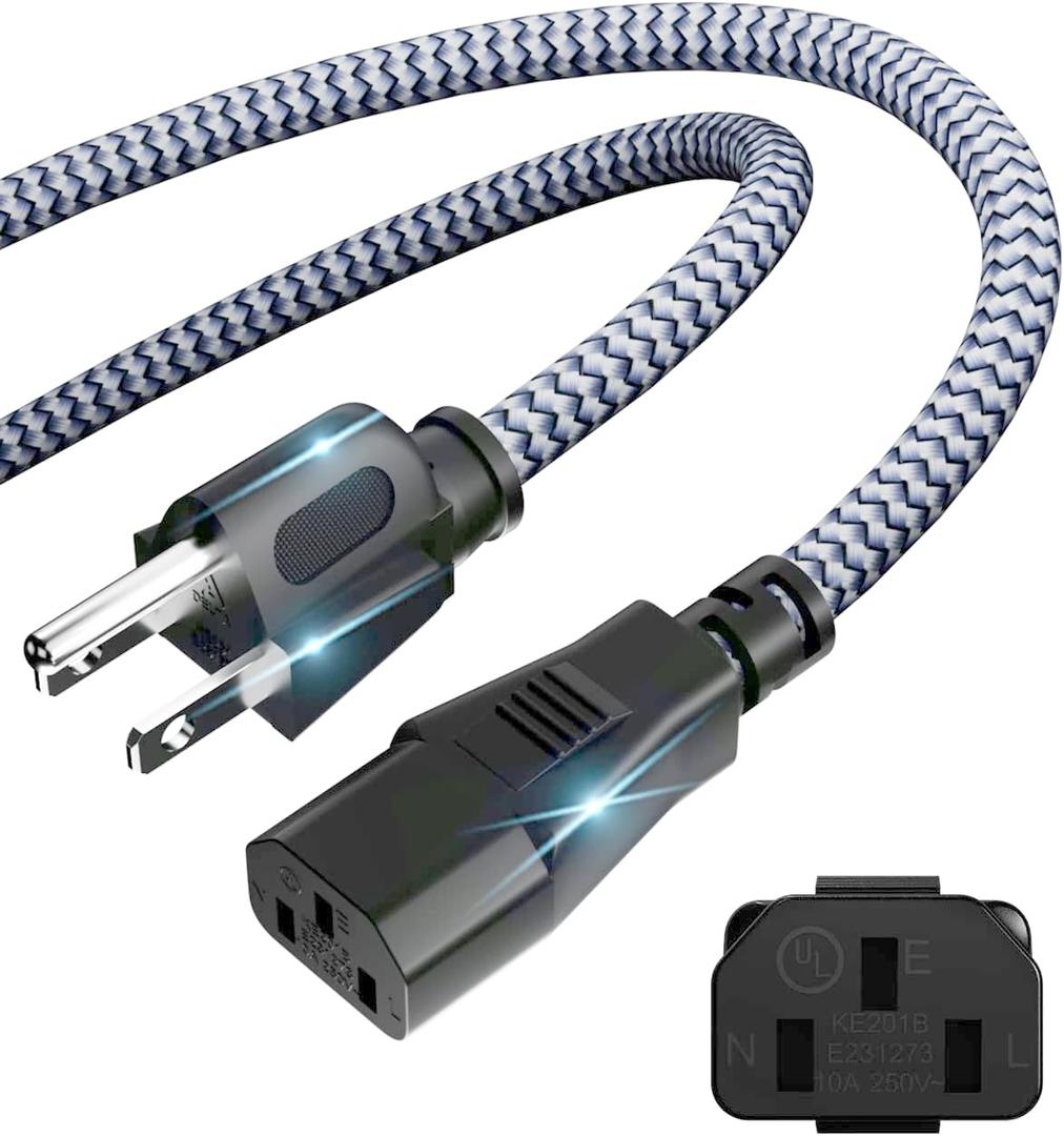 Power Cord-3 Prong Power Cable 10A 250V AC Power Cable 6.6FT/2m Nylon Braided Replacement 3 Pin Power Cord for Computer, Monitor, Printer,TV, PC,Projector,Power Supply Cable