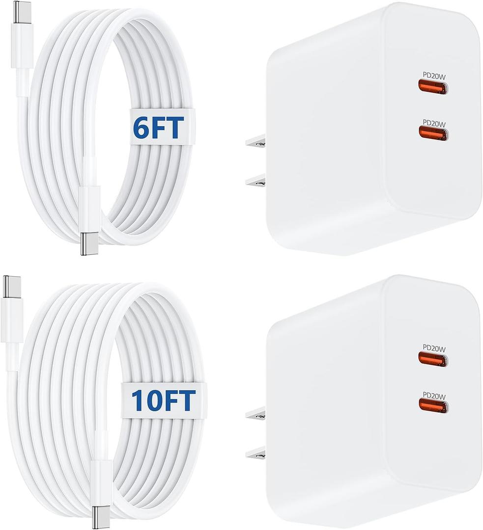 [6+10FT] iPhone 17 16 15 USB C Charger Fast Charging,40W Dual Port Fast Wall Charger Block with 6+10FT Long USB C Charging Cable Cord for iPhone 17/16/15 Pro Plus Pro Max, iPad Pro/Air, Samsung