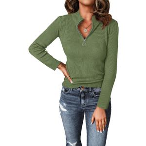 PRETTYGARDEN Spring Quarter Zip Pullover Sweaters for Women 2026 Long Sleeve Collared Fitted Ribbed Knit Tops (Small, Green)