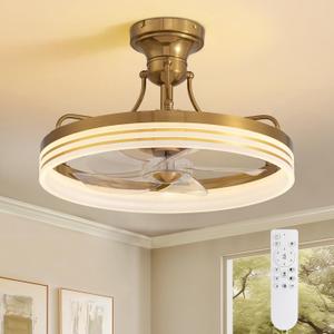 Moooni 20" Ceiling Fan With Light Remote Control - Gold, 6 Wind Speeds, Flush Mount Fandelier, Low Profile LED, Modern for Bedroom Living Room Kitchen