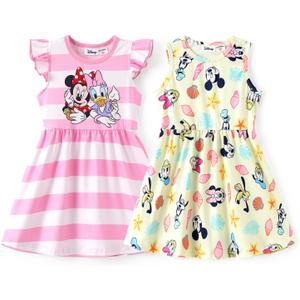 Disney Frozen Elsa Princess Minnie Mouse Stitch Toddler Girl Dresses 2 Pack Short Ruffle Sleeve Costume Set Outfit 2-13 Years (Pink, S)