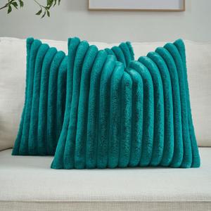 FUTEI Teal Green Throw Pillow Covers Set of 2, 16x16 Inch Soft Faux Rabbit Fur Striped Texture Cushion Cases, Modern Decorative Couch Pillows for Living Room Bed