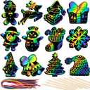 RICEDUO 48 Pcs Christmas Scratch Crafts Art for Kids, Rainbow Christmas Scratch Paper Art with Wooden Sticks, Xmas Ornaments for Kids Party Favors Supplies