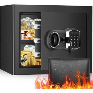 2.3 Cub Home Safe with Fireproof Waterproof Bag, Digital Security Fireproof Safe Box with Electronic Keypad, Spare Keys and Removable Shelf, Fire Safes for Home Jewellery Money Valuables