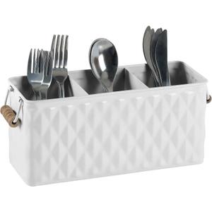 Silverware Caddy for Party Kitchen Flatware Holder for Countertop Metal White Diamond Pattern Embossed Cutlery Organizer with 3 Compartments for Utensils, Spoons, Knives, Forks, Cups,