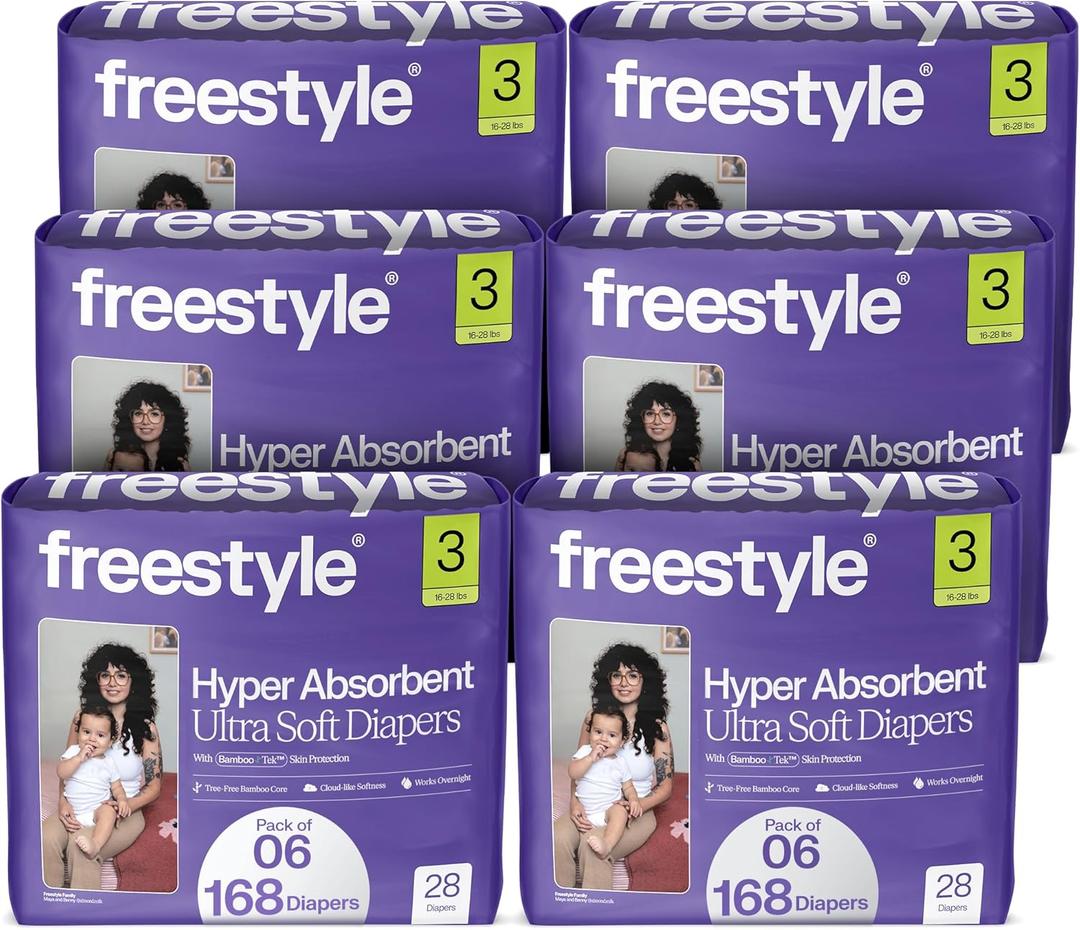 Freestyle BambooTek Diapers  (Size 3) Hyper Absorbent & Non-Toxic  Disposable Diapers for Sensitive Skin  Ultra Soft Diapers (16-28 lbs)  168 Count