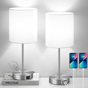 Set of 2 Table Lamps with USB Ports, White Bedside Lamps with AC Outlet, Modern Nightstand Lamps with Rotary Switch, Minimalist Desk Lamp with Fabric Shade for Bedroom Living Room Office Reading
