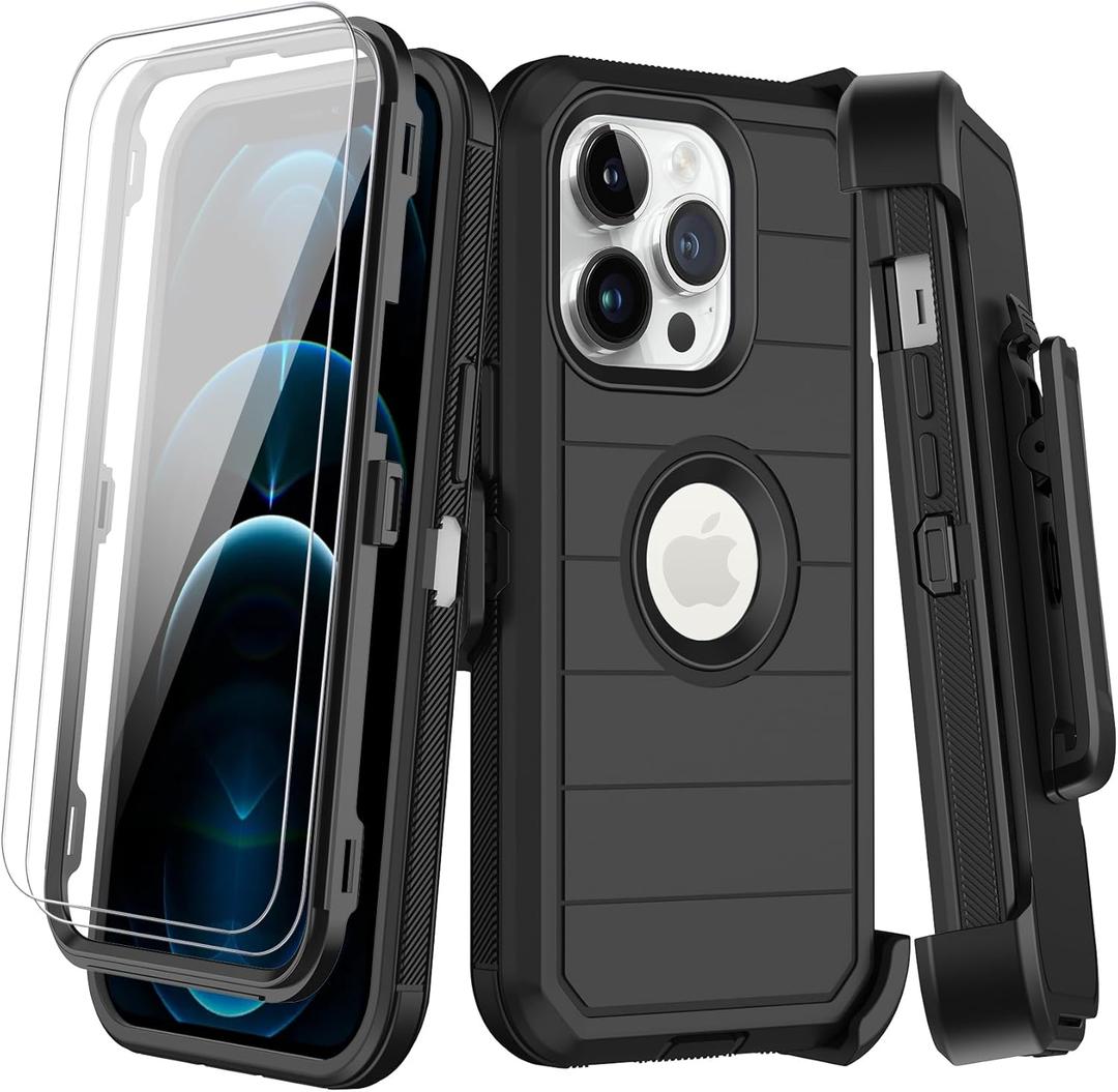 for iPhone 12 Pro Max Case with Belt Clip Holster, 2X Screen Protector,Heavy Duty Shockproof Drop Protection Military Grade Full Body Rugged Phone Cover with Kickstand
