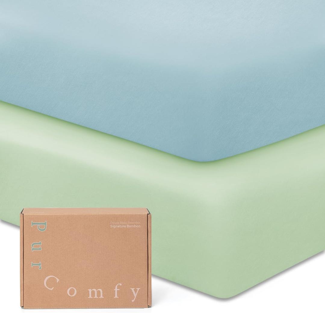 PurComfy Supersoft Pack and Play Sheets Fitted, Premium Bamboo Viscose Mini Crib Sheets, Pack N Play Mattress Sheets, Graco Playard Baby Sheets Neutral for Boys Girls, 5'' Deep Pocket 2-Pack (Slate & Sage)