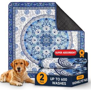 Washable Pee Pads for Dogs 2 Pack,18"x24" Waterproof Non-Slip Reusable Puppy Pad with Fast Absorbent,Leakproof Whelping Pads for Pet Housebreaking (Indigo Blue Medallion, 18"x24"(Pack of 2))