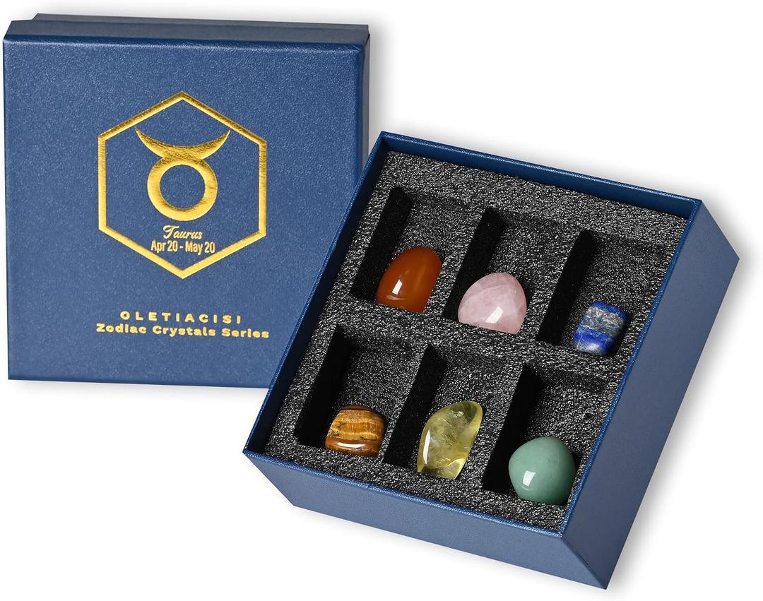 Premium Taurus Crystals Gift Set - 6 Natural Zodiac Healing Crystals for Energy & Meditation | Rose Quartz, Citrine, Lapis Lazuli | Elegant Gift Box, Greeting Card & Crystal Guidebook