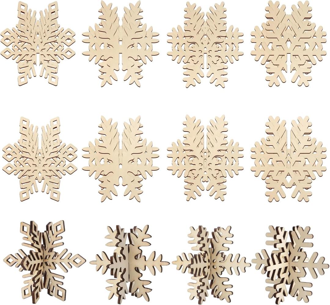 COCHIE DIY 3D Snowflake Wood Crafts to Paint, Paintable Unfinished Wooden Slices for Craft, Winter Snowflakes Cutouts Ornaments for Painting Decorations (24 PCS)