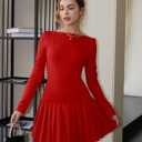 Women's Long Sleeve Mini Dress Sexy Boat Neck Pleated A-line Party Dresses (Red, L)