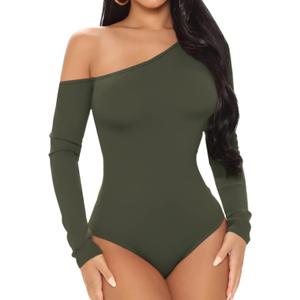 BelleLovin AESLOVIN Women's sexy One Shoulder Long Sleeve Tops T Shirt Bodysuit Jumpsuit (Olive Green, X-Large)