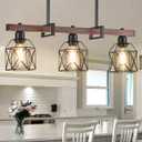 Industrial Pendant Light Fixture, 3-Light Kitchen Island Lighting with Wood Grain Bar and Black Metal Cage, Farmhouse Rustic Hanging Ceiling Lamp for Dining Room, Living Room