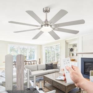 62 Inch Ceiling Fans with Lights,Nickel Modern Ceiling Fan with Remote,Large Farmhouse Indoor & Outdoor Ceiling Fan with 8 Dual Finish Blades, Quiet DC Motor, Bright LED Light