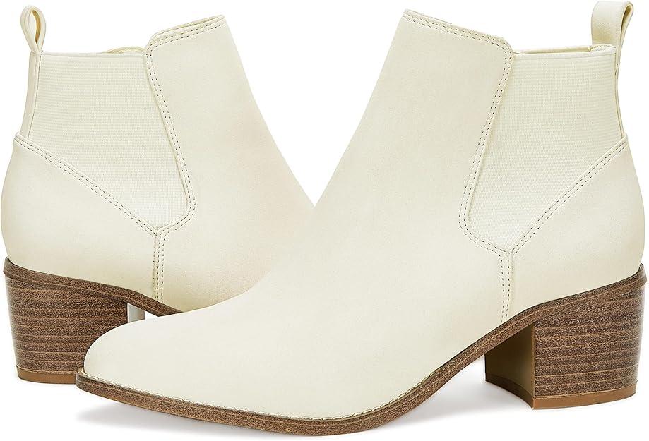 Womens Pointed Toe Ankle Boots Chunky Block Stacked Mid Heel Side Zipper Elastic Comfort Winter Booties Shoes Melora White 7.5