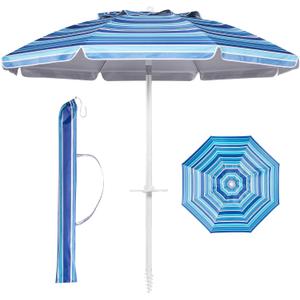 Aoxun 8 FT Beach Umbrella with Tilt Pole, Portable Sand Anchor and Carry Bag, UPF 50+ Sun Shelter Air Vents Design for Outdoor (Navy Blue & White)