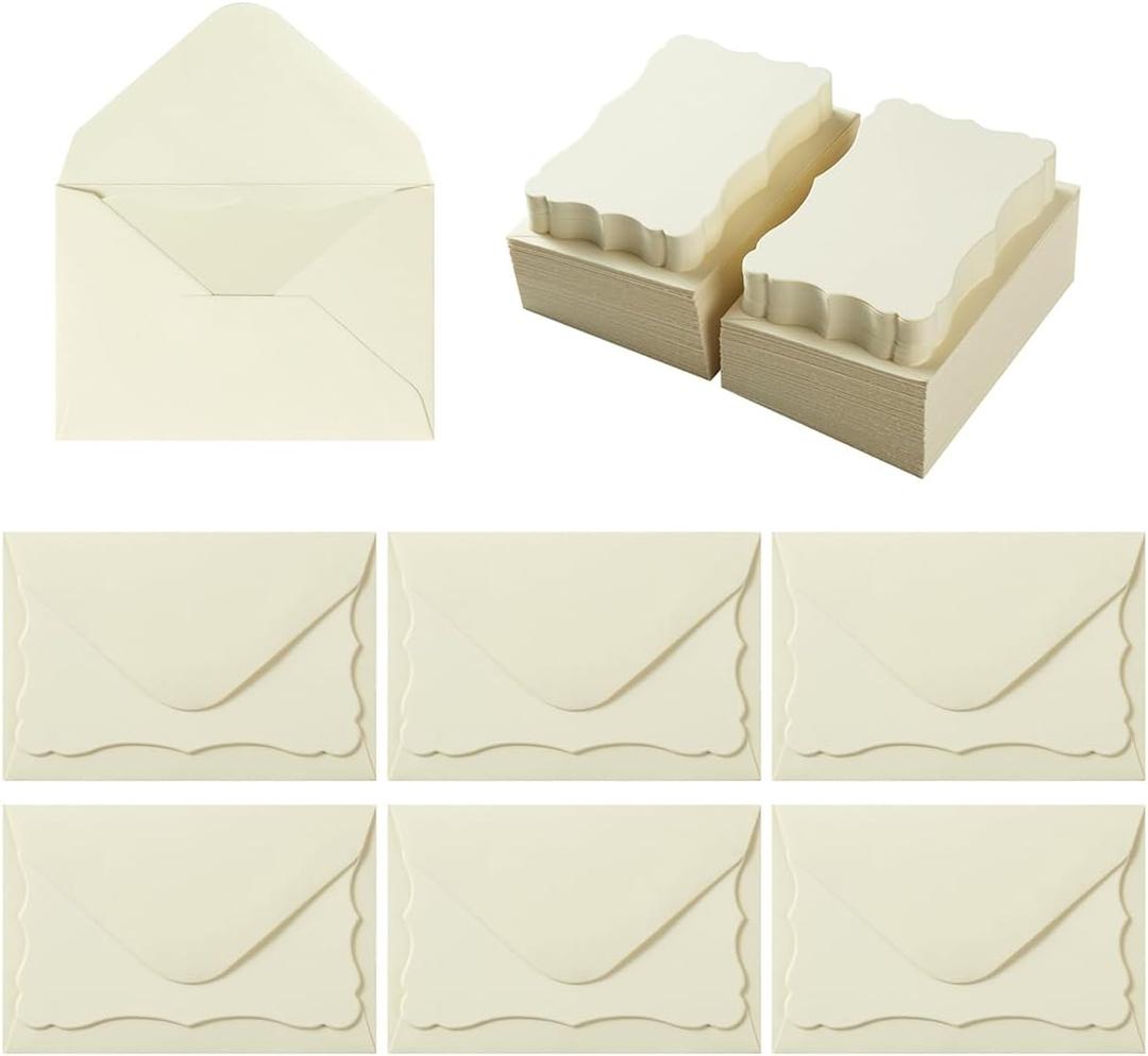 100 Pack Mini Envelopes with Blank Note Cards - Small Self-Adhesive Envelopes for Business Cards (4 x 2.7 Inches, Cream)