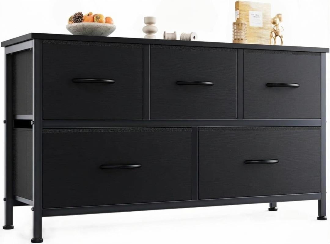 OLIXIS Dresser for Bedroom with 5 Drawers, Wide Chest of Drawers, Fabric Bedroom Dresser with Drawer Organizers, Storage Organizer Unit with Fabric Bins for Closet, Living Room, Hallway, Rustic Brown,  Black