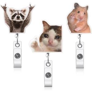 Vicenpal 3 Pcs Funny Badge Reel Raccoon Hamster Cat Badge Reel Cute Retractable Funny Clip Holder with Clip Durable Nylon Cord Gift for Nurse Doctor Office Worker ID Card Decor