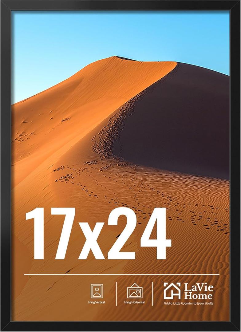 LaVie Home 17x24 Picture Frame for Wall Display, 17x24 Black Picture Frame with HD Plexiglas, 17 x 24 Photo Frame 1 Pack, Display Frame for Vertical or Horizontal, Classic Collection