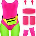 Women 80s Workout Costume Outfit Accessories Set Leggings Headband Wristbands Fanny Leg Warmers Earrings for Party (Medium, Multicolored)