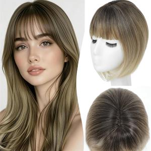 Jinhui Hair Toppers for Women with Thinning Hair, 12 Inch Toppers Hairpieces for Women with Wispy Clip in Bangs Realistic Scalp & Parting Wiglets Daily Use (Ombre Light Brown to Blonde)