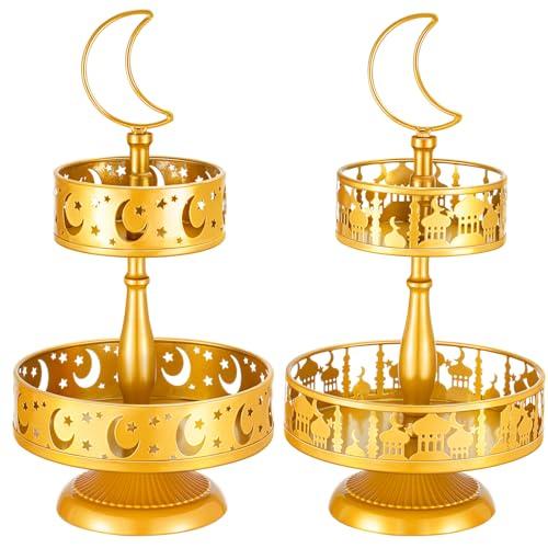 Sunnychicc 2pcs 2 Tiered Ramadan Serving Trays Decorations for Home -2 Styles Eid Mubarak Metal Platters Table Decor Gifts, Golden Cake Holder, Islam Muslim Al-fitr Iftar Party Food Display Dishes