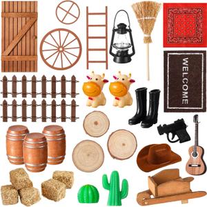 Cinnvoice 35 Pcs Cowboy Doors House Kits Miniature Western Figures Dollhouse Accessories Set Birthday Party DIY Craft for Boys Girls Garden Wall Table Indoor Outdoor Decor Christmas Party Gift