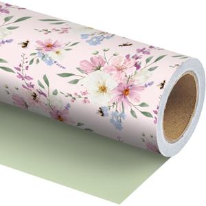 WRAPLULU Pink Floral Wedding Wrapping Paper Roll - 17.5" * 33 Ft - Romantic Gift Wrap with Soft Pastel Flowers & Solid Backside, Perfect for Wedding, Birthday, Bridal Shower, Mother's Day, Spring