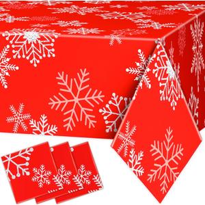 DYLIVeS 3 Pcs Red and Silver Snowflake Tablecloths, Christmas Frozen Snowflake Table Cover Disposable Plastic Winter Holiday Table Cloth for Christmas Birthday Party Decoration Supplies, 54 x 108 Inch
