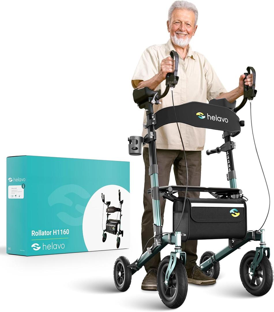 Helavo Upright Walker with Seat, Foldable Stand Up Walker with Rubber Tires | All Terrain Tall Standing Rollator, Padded Armrests, Height Adjustable, Aluminium Frame, 22.7 lbs, 300 lbs Capacity