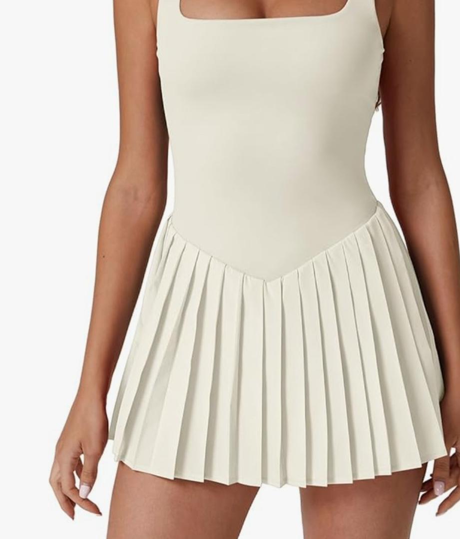 QINSEN Womens Square Neck Tennis Dress Pleated Sleeveless Built in Shorts Golf Athletic Dress  Small