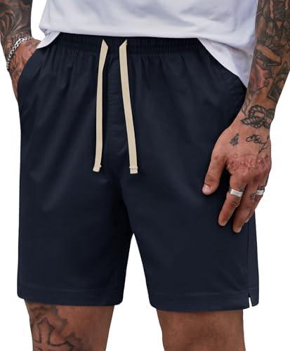 Herberton Men Casual Shorts Cotton 6'' Inseam Elastic Waist Drawstring Daily Shorts with Pockets Large