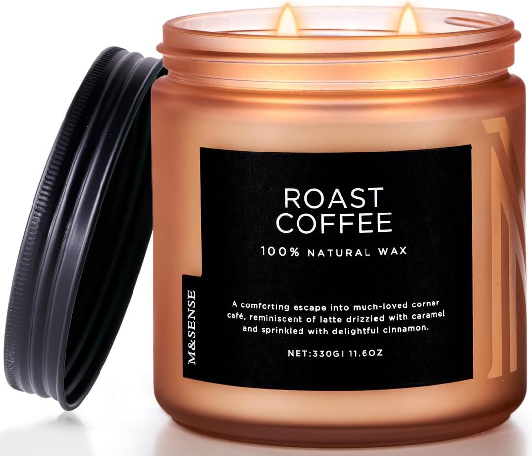 M&SENSE Coffee Candles Scented Strong, 2 Wick Jar Candle 11.6oz, 70 Hours Burning Time, Organic Natural Soy Wax Candle for Bedroom Kitchen Home Decor, Housewarming Gift for Men and Women