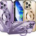 [CD Loop Compatible with MagSafe Invisible Ring Stand]Magnetic for iPhone 13 Pro Max Case, [Electroplated Bumper Non-Yellowing][Look as Bare iPhone]Slim Clear Case with Holder for Women Men Girls (Purple)